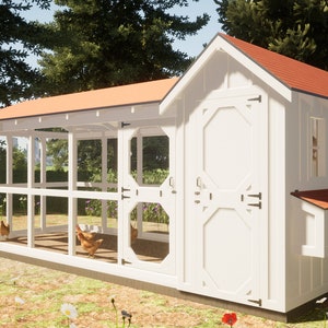 May include: A white chicken coop with a red tiled roof, featuring a large enclosed run and a separate nesting box. The coop has a classic design with decorative door panels and is set in a grassy area with trees and flowers.