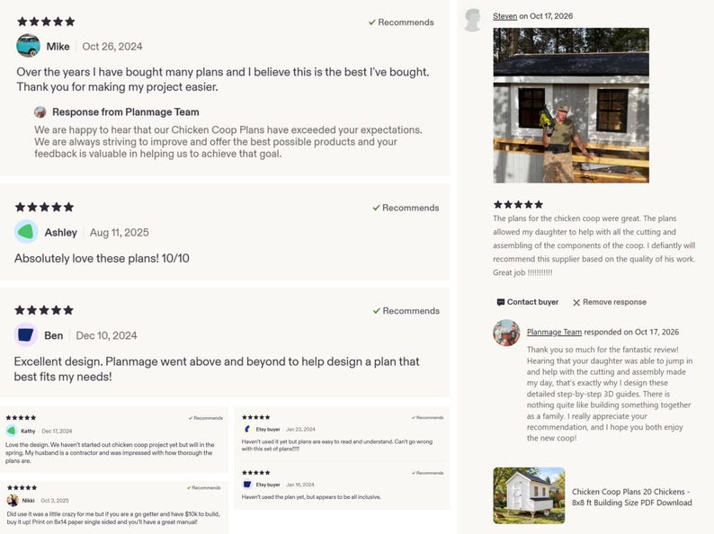 Positive 5-star customer reviews and photos highlight what buyers love about our chicken coop plans and chicken run designs. Chicken coop plans to chicken run plans, customers praise the clarity, accuracy, and beginner-friendly instructions. All plans are available as instant PDF downloads, offering detailed measurements and step-by-step guidance for DIYers of every skill level.