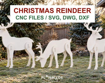 Archivos CNC de renos navideños de tamaño real, 3 poses, archivos svg, dwg, dxf, descarga digital