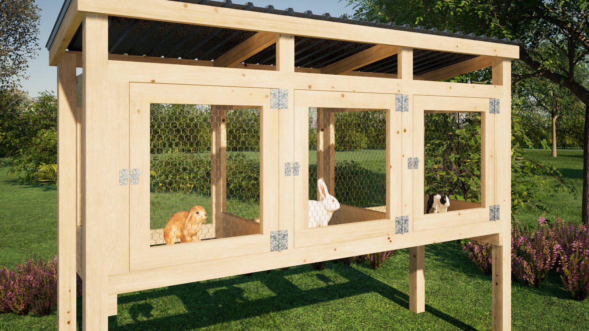 屋外用ウサギ小屋の設計図（ケージ3つ、9 x 3フィート） - PDF説明書