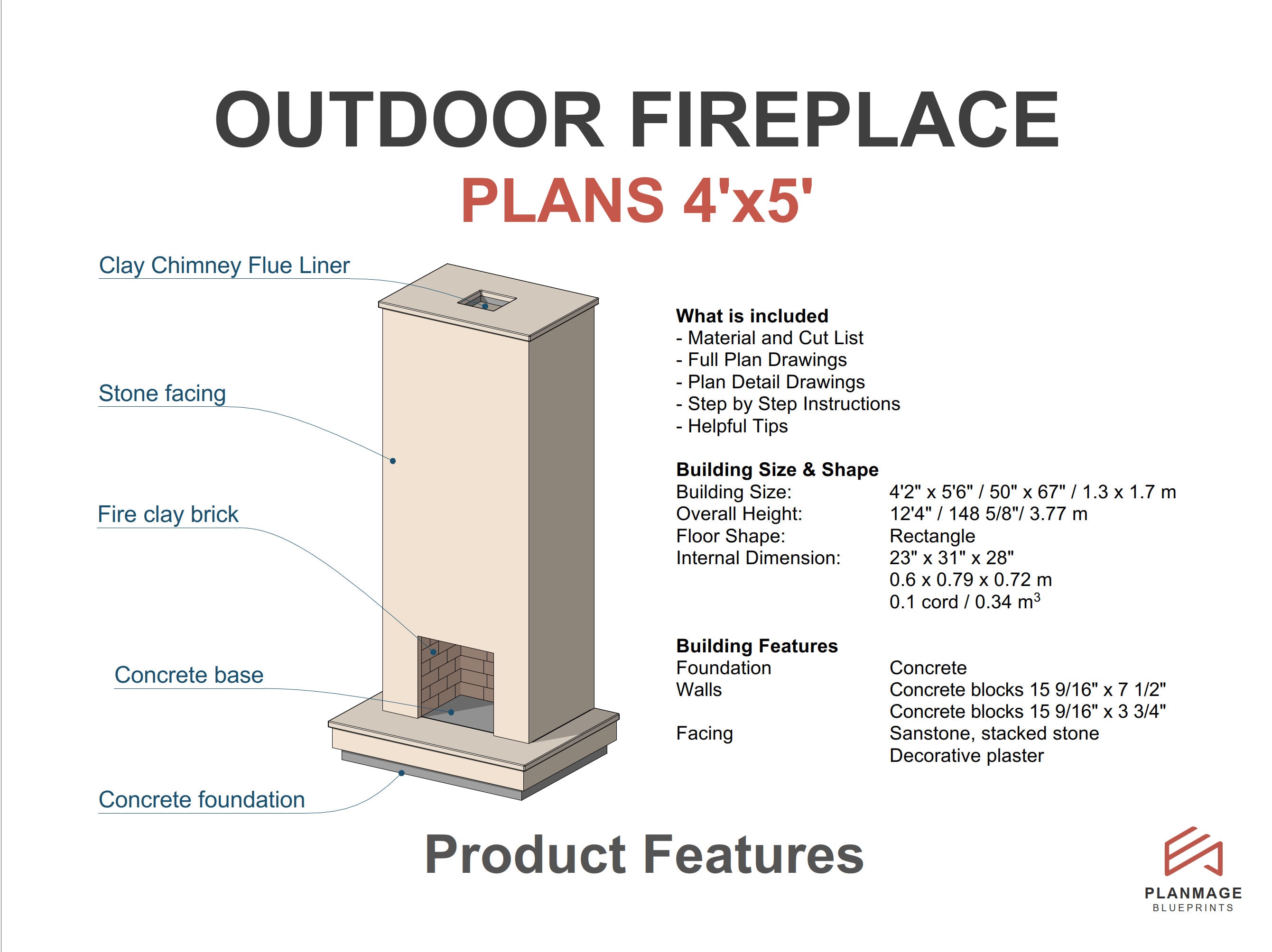 Outdoor Fireplace With Chimney Plans 4x5 Ft, Height 12 Ft PDF DIY