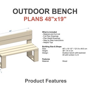 Outdoor Bench Plans 48x19 in - DIY Garden Bench With Backrest - Etsy