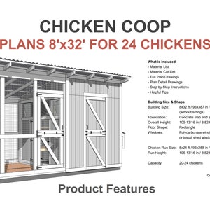 Walk-in Chicken Coop Plans / Chicken Shed Plans - Best for 20-24 Chickens / Large Chicken Coop Plans DIY / Chicken Coop Plans with Run / Hen House Plans with Chicken Run / Small Farm PDF Blueprint - 8x32 Plans walk in chicken coop doors