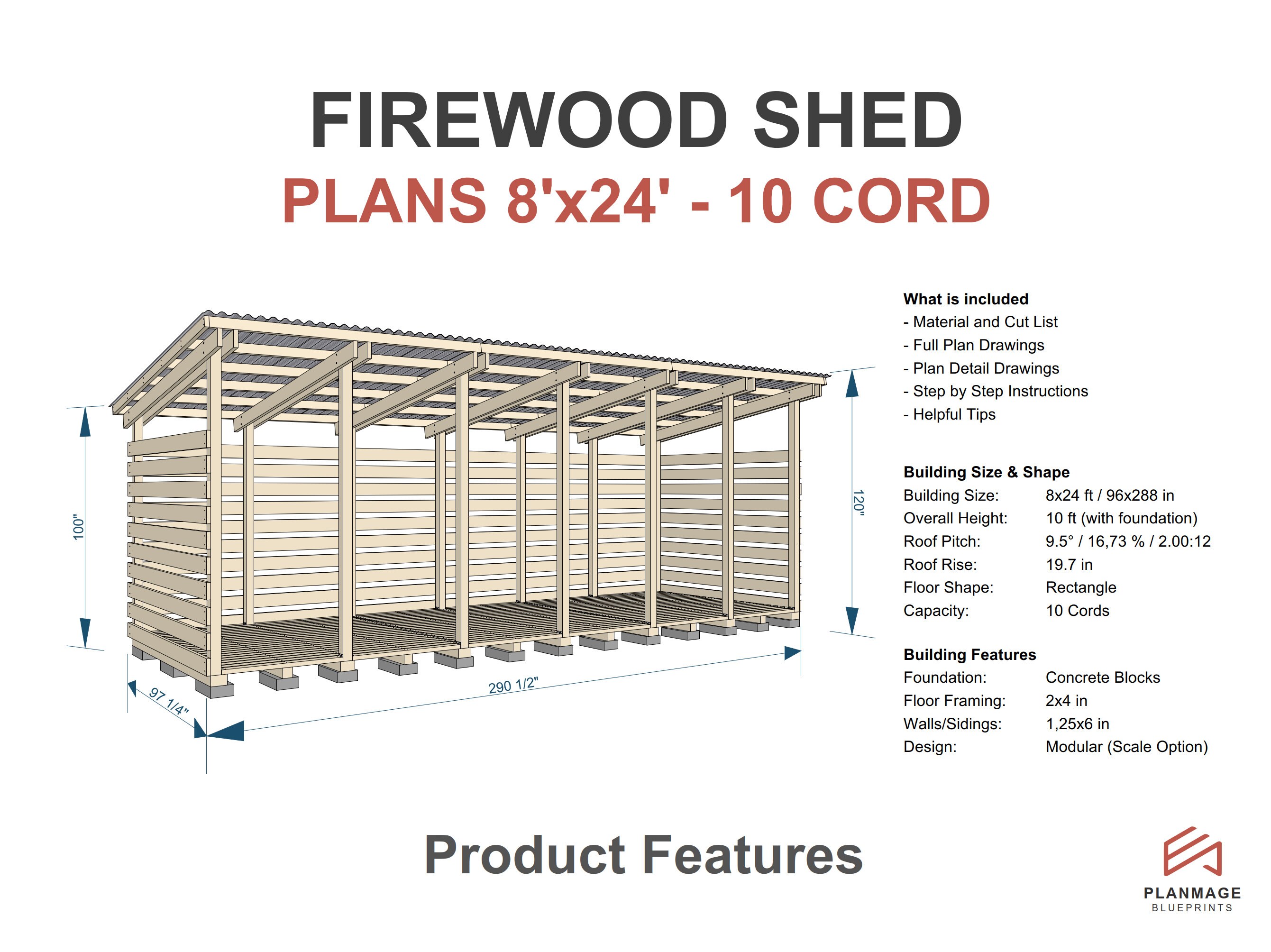 Firewood Shed Plans 10 Cord DIY 8x24 Ft Woodshed Etsy
