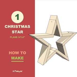 Peut inclure: Un schéma montrant comment fabriquer une étoile de Noël en bois. L'étoile est faite de morceaux de bois de 14 pouces par 3 pouces. Le texte indique "1 Christmas Star Plans 14"x3" How to Make Plannmage"