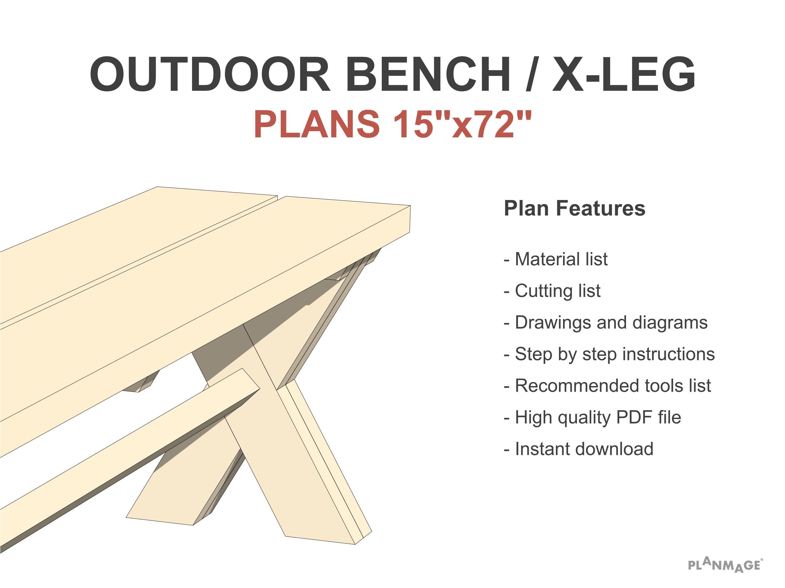 屋外ベンチの設計図 15 x 72インチ X脚スタイル - DIYガーデンベンチ