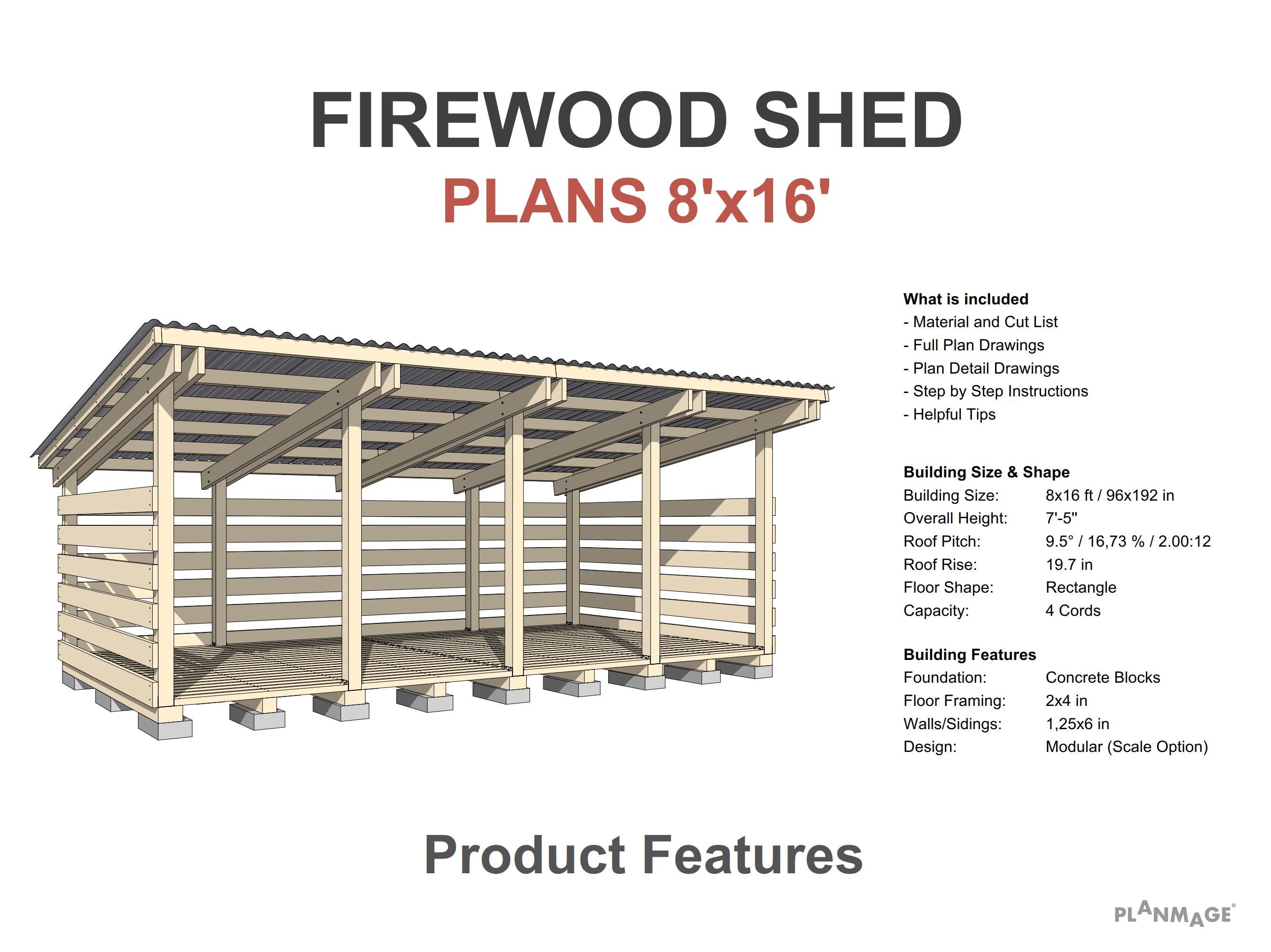 Firewood Shed Plans 8x16 Ft - DIY 4 Cord Woodshed - Etsy Sweden, image size:2681x2008