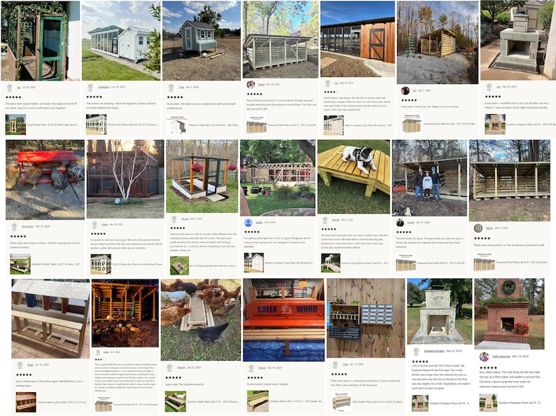 Collage of 5-star customer reviews with photos showcasing successful woodworking plans and house designs. Customers highly rate the accuracy of our digital PDF downloads for outdoor furniture, picnic tables, chicken coops, and garden sheds. These reviews highlight how our step-by-step guidance, precise measurements, and beginner-friendly blueprints empower DIYers of any skill level to confidently complete high-quality yard and garden builds.