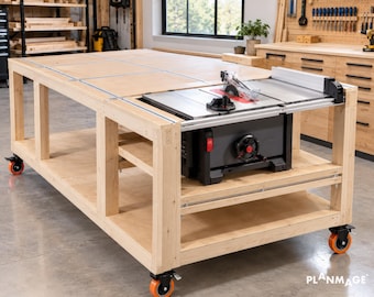 DIY Table Saw Workbench Plans 4x8, Mobile Outfeed Table PDF Blueprint
