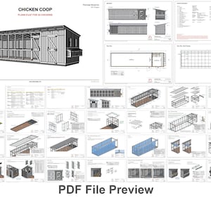 Walk-in Chicken Coop Plans / Chicken Shed Plans - Best for 20-24 Chickens / Large Chicken Coop Plans DIY - PDF Blueprint size 8x32 Plans, dimensions, floor plan, roof plan, elevations, sections, how to concrete slab plans, concrete floor for chickens