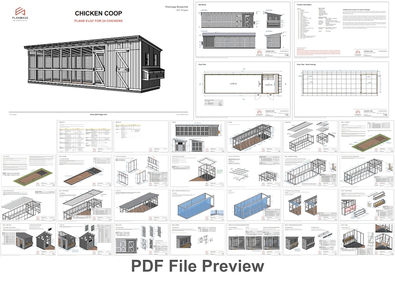 Walk-in Chicken Coop Plans / Chicken Shed Plans - Best for 20-24 Chickens / Large Chicken Coop Plans DIY - PDF Blueprint size 8x32 Plans, dimensions, floor plan, roof plan, elevations, sections, how to concrete slab plans, concrete floor for chickens