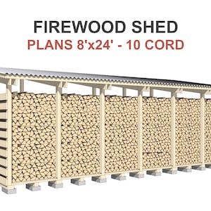 Firewood Shed Plans 8x24 ft - DIY 10 Cord Woodshed Roof Inclined to Front
