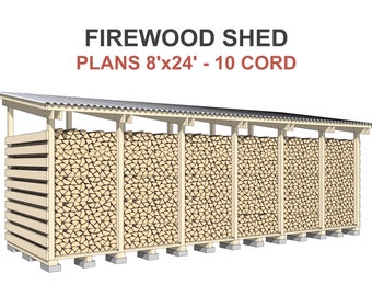 Firewood Shed Plans 8x24 ft - DIY 10 Cord Woodshed Roof Inclined to Front