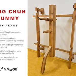May include: A wooden Wing Chun dummy with a central column and multiple arms and legs. The dummy is made of light brown wood and is designed for martial arts training. The image also includes text that says "WING CHUN DUMMY DIY PLANS".