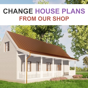 Può includere: Un'immagine digitale di una piccola casa con tetto in metallo marrone e portico bianco. La casa è circondata da erba verde e alberi. Il testo in alto recita "CHANGE HOUSE PLANS FROM OUR SHOP".
