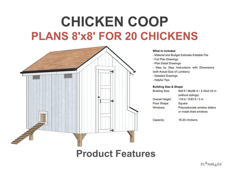 Chicken Coop Plans for 20 Chickens / Plans for Chicken Coop DIY - Features of Chicken Coop for 20 chickens, chicken nesting boxes, install rain gutters, air vent covers, ladders, chicken roost, automatic chicken doors