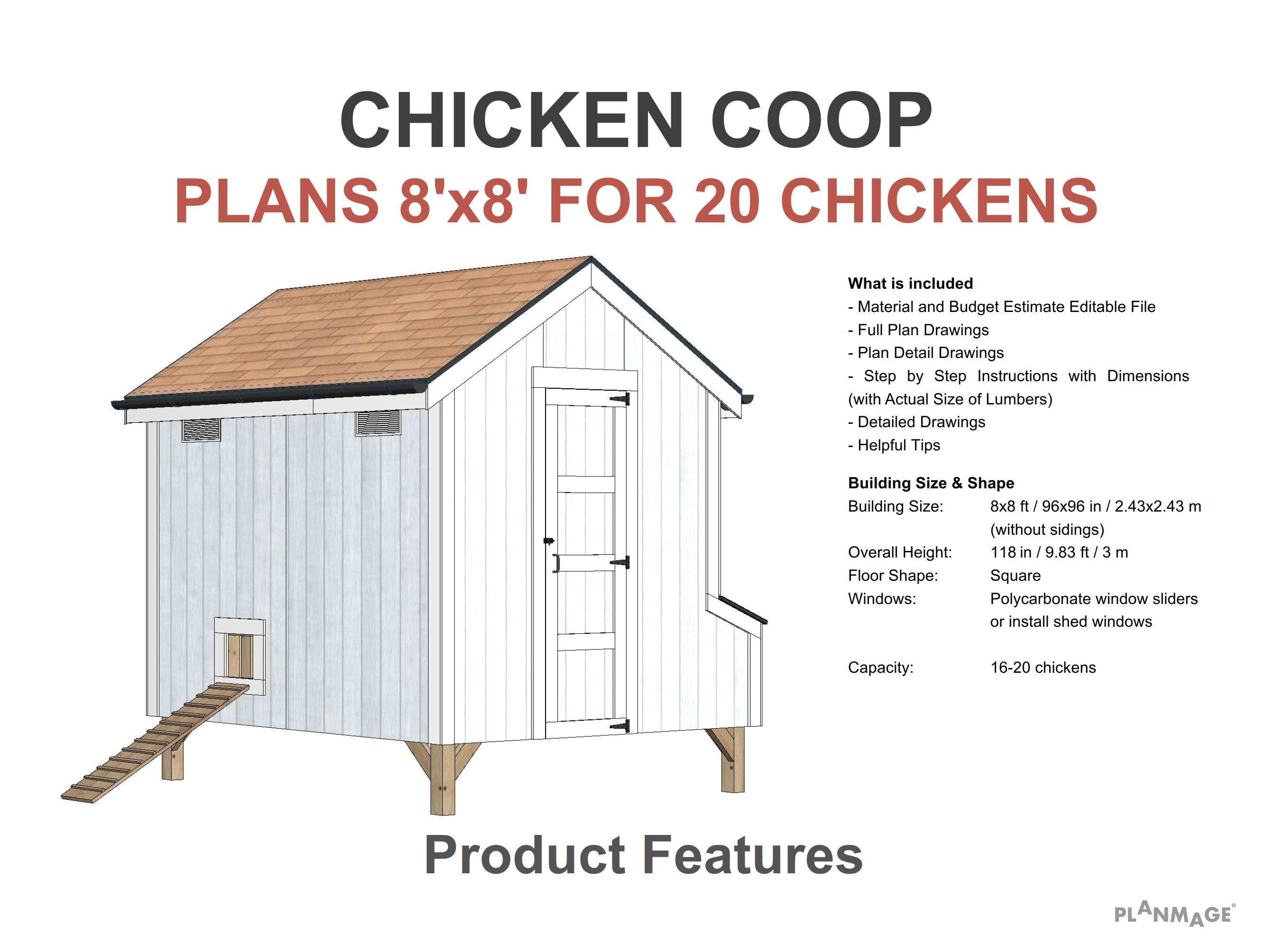 Chicken Coop Plans 20 Chickens - 8x8 Ft Building Size PDF Download - Etsy