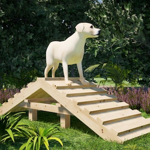 May include: A light-colored dog stands on a wooden dog ramp with stairs. The ramp is in a grassy area with trees and purple flowers in the background. The dog is facing right, and the ramp is made of light-colored wood.