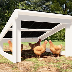 Peut inclure: Un poulailler solaire blanc en pente avec un panneau solaire noir sur le toit. Quatre poules brunes se tiennent sous le poulailler.