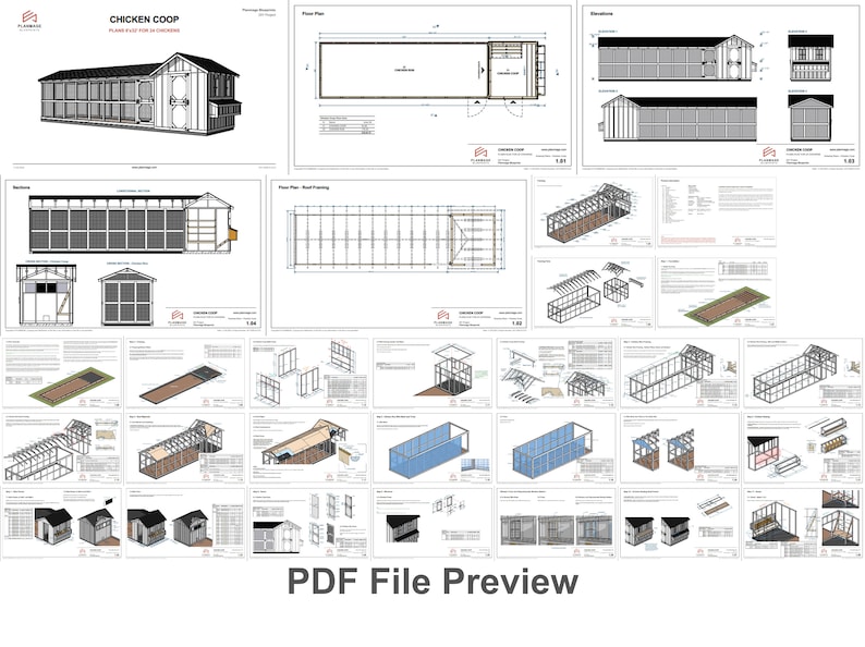Ebook How to build Chicken Coop Plans 20-24 Chickens / Large Chicken Coop Plans DIY - PDF Blueprint size 8x32 Plans, dimensions, floor plan, roof plan, elevations, sections, how to concrete slab plans, concrete floor for chickens