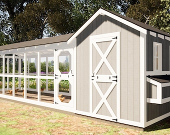 May include: A white and gray wooden chicken coop with a large nesting box and a screened-in run. The coop has a white door with a black X-shaped design and a black metal handle.