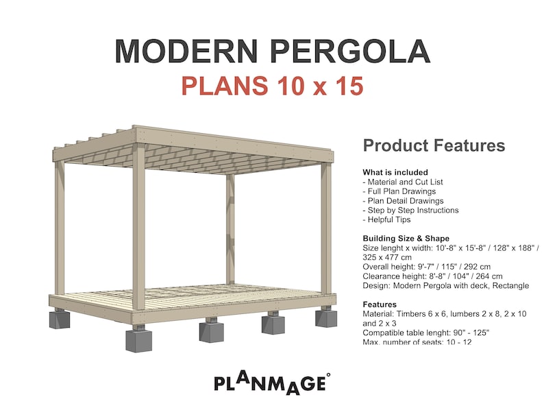 Modern Pergola Plans 10 x 15 / Simple Outdoor Pergola Plans / Garden Pergola Plans / Patio Pergola Plans / Pergola Design / Gazebo Plans / DIY Gazebo / Backyard Plans / Backyard Design