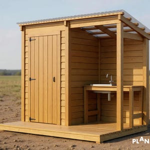 Peut inclure: Un abri de jardin en bois avec un toit en pente et un évier intégré. L'abri a une porte à gauche et un espace ouvert à droite. La structure est en bois clair et repose sur une plateforme en bois.