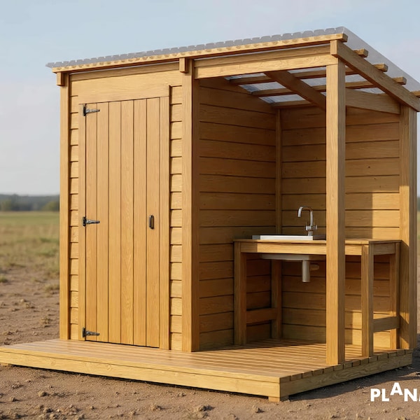 Outhouse Plans with Roofed Basin Table – Camping & Off-Grid Toilet Shed Roof DIY PDF Download