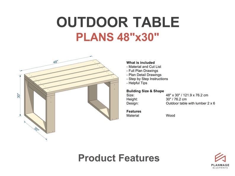 Outdoor Table Plans 48x30 in DIY Picnic Table - Etsy