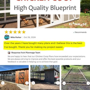 A graphic displaying a 5-star customer review for a DIY chicken coop and run digital download plan. The glowing review praises the beautiful design and practical layout, specifically highlighting the excellent ventilation, the convenient access of the cleaning door, and how perfectly the structure is set up for the deep litter method. Five gold stars sit prominently above the text, showcasing high customer satisfaction with these printable architectural blueprints.