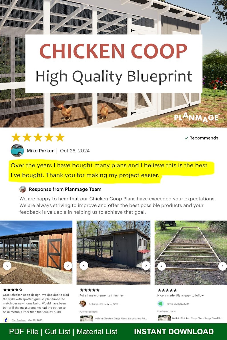 A graphic displaying a 5-star customer review for a DIY chicken coop and run digital download plan. The glowing review praises the beautiful design and practical layout, specifically highlighting the excellent ventilation, the convenient access of the cleaning door, and how perfectly the structure is set up for the deep litter method. Five gold stars sit prominently above the text, showcasing high customer satisfaction with these printable architectural blueprints.