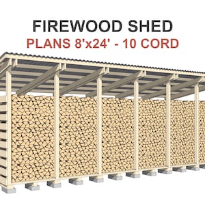 Firewood Shed Plans 10 Cord - DIY 8x24 ft Woodshed