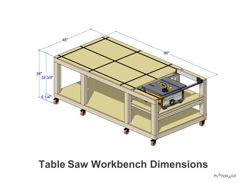 DIY Table Saw Workbench Plans 4x8, Mobile Outfeed Table PDF Blueprint ...