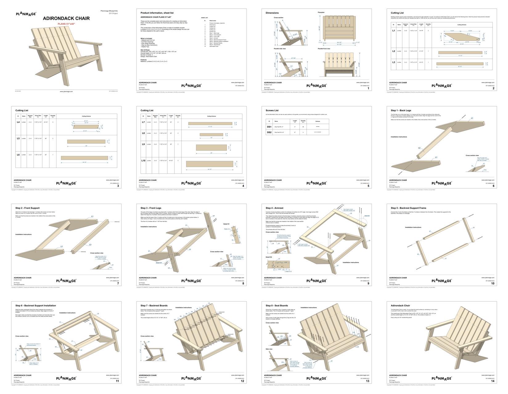 Dubbele Adirondack-stoelplannen 52 x 40 in - doe-het-zelf 2-zits  buitenstoel met armleuning - Etsy België, image size:1648x1276