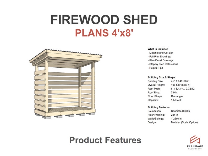 Firewood Shed Plans 4x8 Ft - DIY 1.5 Cord Woodshed - Etsy