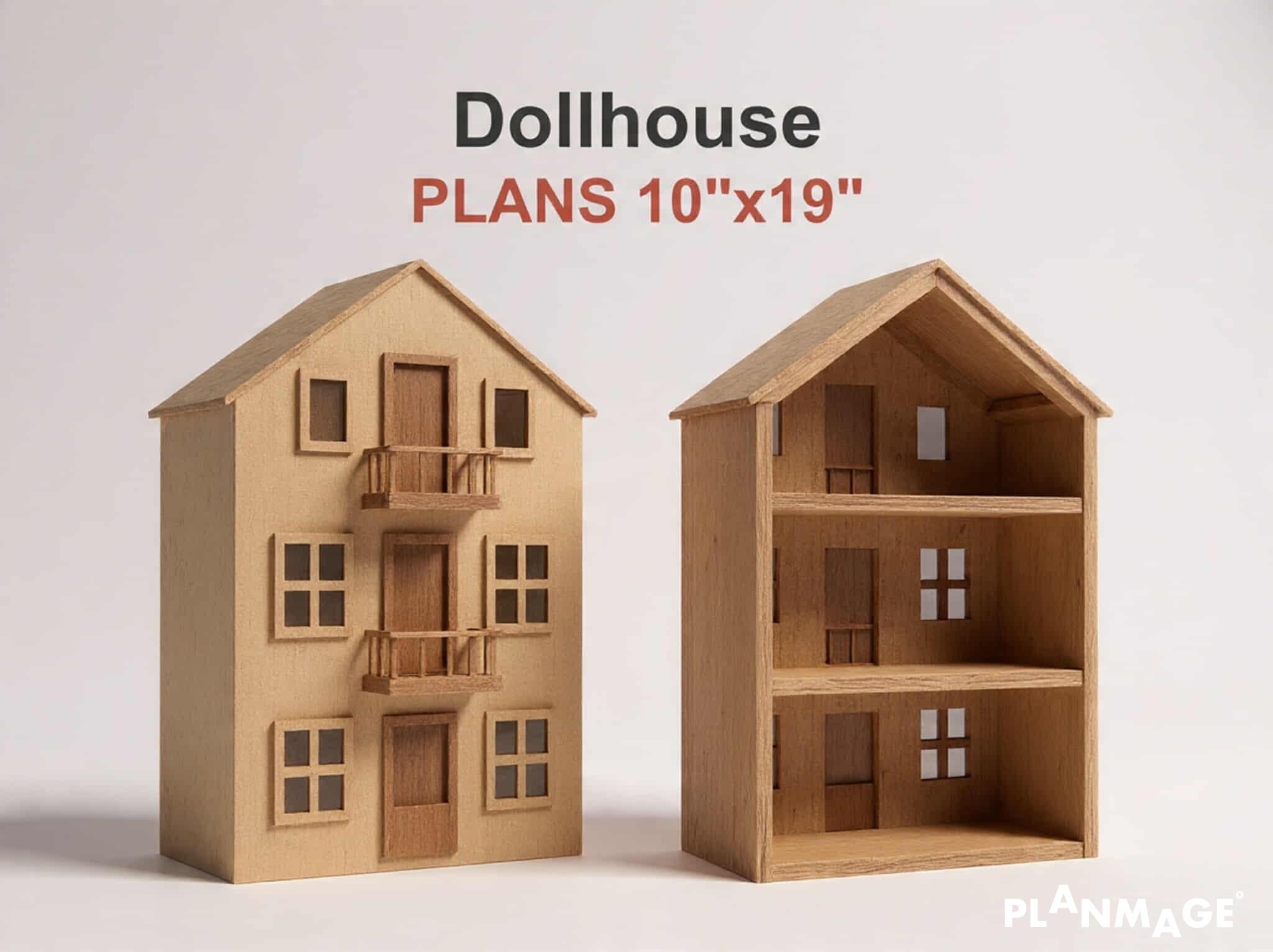 DIYドールハウス設計図（ガレージ付き） - 10 x 19インチ 木製ドール