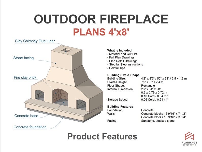 Outdoor Fireplace Plans 4x8 Ft PDF DIY Blueprint Etsy
