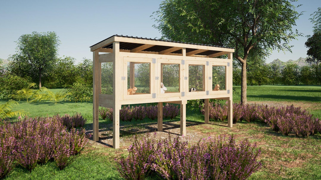 屋外用ウサギ小屋の設計図（ケージ4つ、12 x 3フィート） - PDF説明書