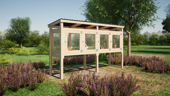 屋外用ウサギ小屋の設計図（ケージ4つ、12 x 3フィート） - PDF説明書