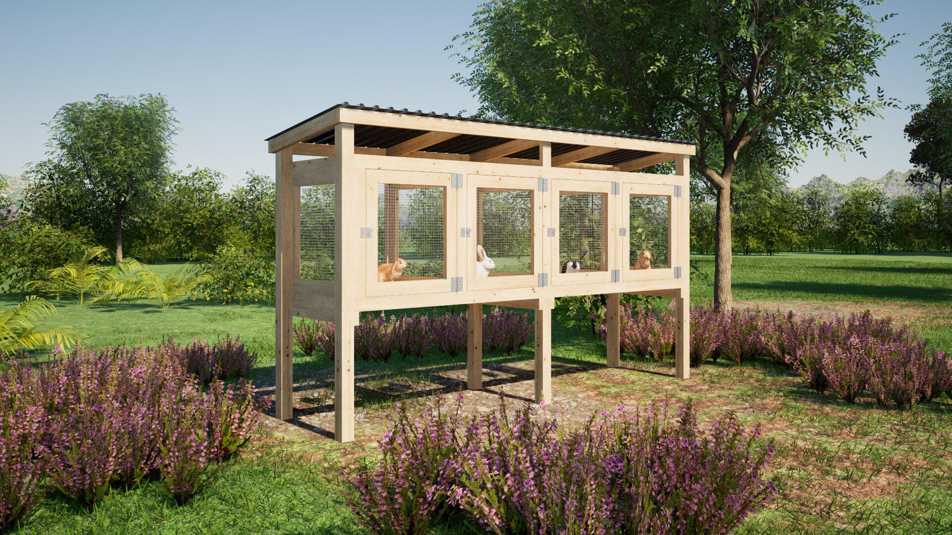 屋外用ウサギ小屋の設計図(ケージ4つ、12 x 3フィート) - PDF説明書 屋外用ウサギ小屋の設計図(ケージ4つ、12 x 3フィート) - PDF説明書