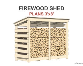 Firewood Shed Plans 3x8 ft - DIY 1 Cord Woodshed Plans PDF Digital Download