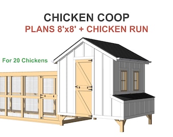May include: A white chicken coop with a black roof and a chicken run. The coop is 8 feet by 8 feet and is designed to house 20 chickens. The coop has a door on the front and two windows on the side. The chicken run is attached to the coop and is made of wood and wire mesh.