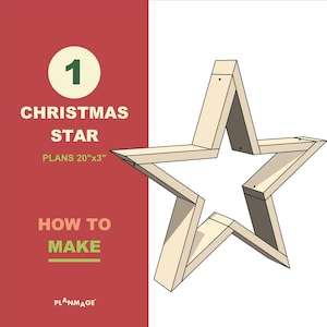Puede incluir: Un diagrama que muestra cómo hacer una estrella de Navidad de madera de 20" x 3". Las instrucciones se titulan "Cómo hacer" y la estrella se muestra en un color madera claro.