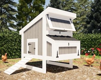 May include: A white and gray wooden chicken coop with a ramp, a nesting box, and a hinged door. The coop is on stilts and has a white roof. There are several brown chickens in the grass near the coop.