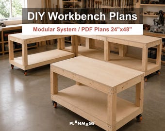 Planos para banco de trabajo de bricolaje, banco de trabajo modular de 24x48 pulgadas, mesa de trabajo móvil, descarga en PDF