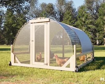 May include: A wooden chicken coop with a wire mesh enclosure and a curved roof. The coop is on wheels and sits on a grassy lawn. Several chickens are inside the coop.