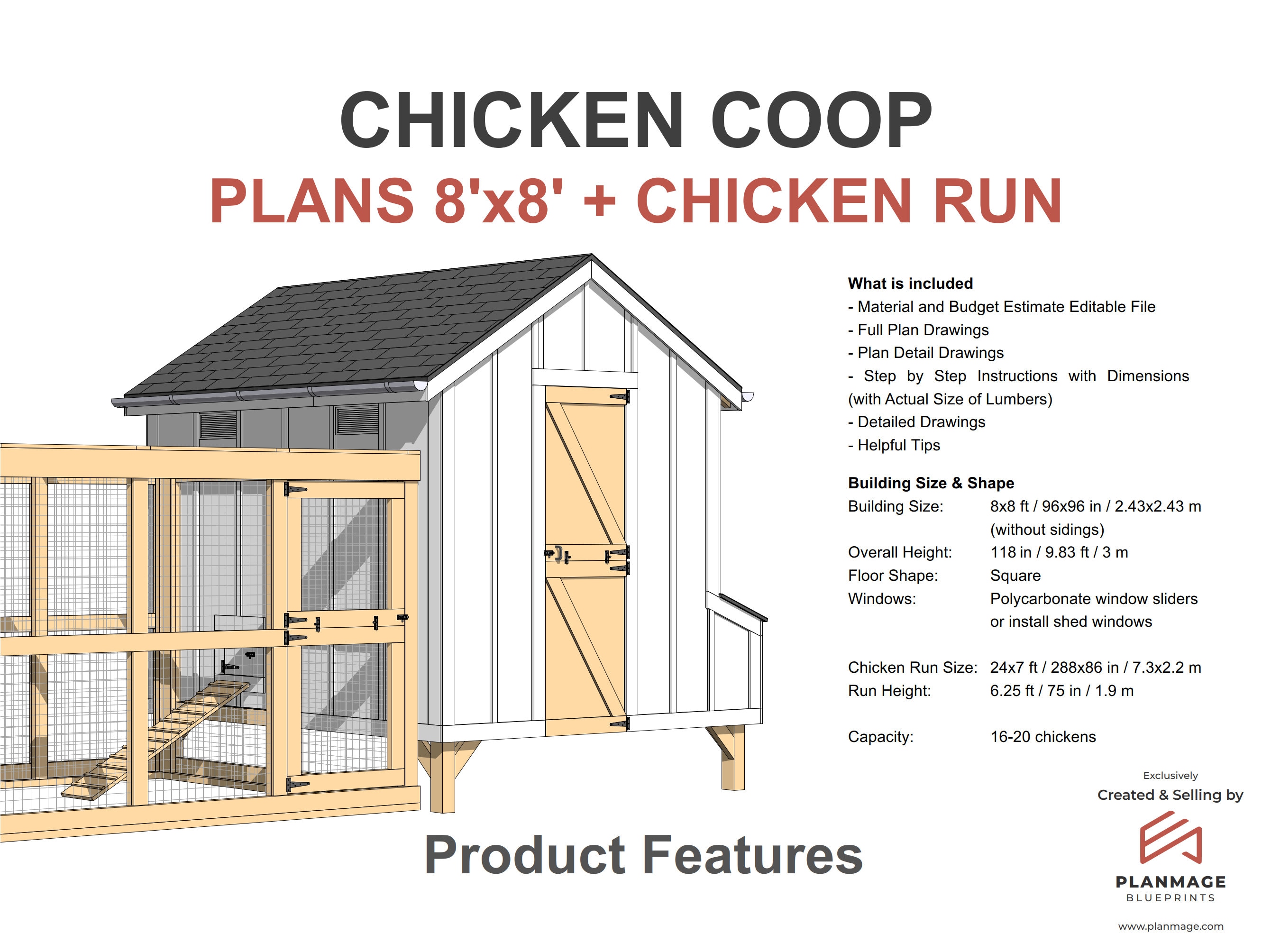 20 Chicken Coop Plans With Run, 8x8 DIY Hen House (PDF Blueprint) - Etsy