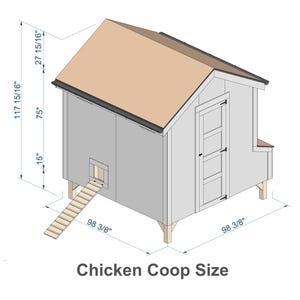 Exterior view of a spacious 8x8 backyard chicken coop focusing on user-friendly access features. The 3D model highlights large human access doors for feeding and egg collection, along with secure, predator-proof wire mesh panels for excellent cross-ventilation. This downloadable PDF woodworking plan ensures easy maintenance and a healthy environment for 20 chickens. The step-by-step diagrams help DIY builders create a highly functional, long-lasting wooden poultry house from scratch.