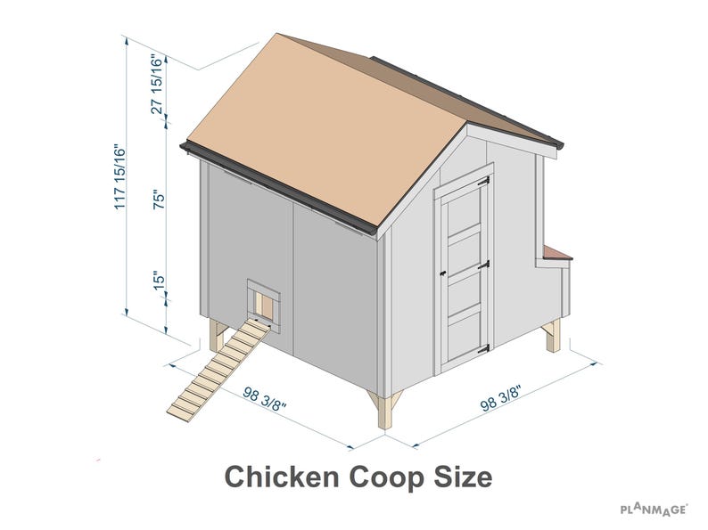 Exterior view of a spacious 8x8 backyard chicken coop focusing on user-friendly access features. The 3D model highlights large human access doors for feeding and egg collection, along with secure, predator-proof wire mesh panels for excellent cross-ventilation. This downloadable PDF woodworking plan ensures easy maintenance and a healthy environment for 20 chickens. The step-by-step diagrams help DIY builders create a highly functional, long-lasting wooden poultry house from scratch.