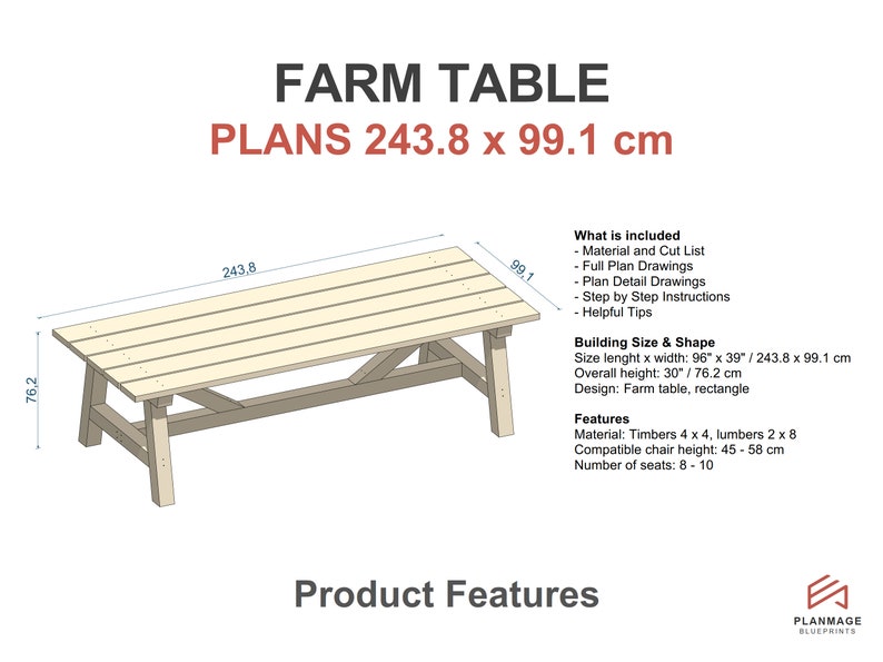 Farm Picnic Table Plans 244x99 Cm Metric DIY Outdoor Table Etsy